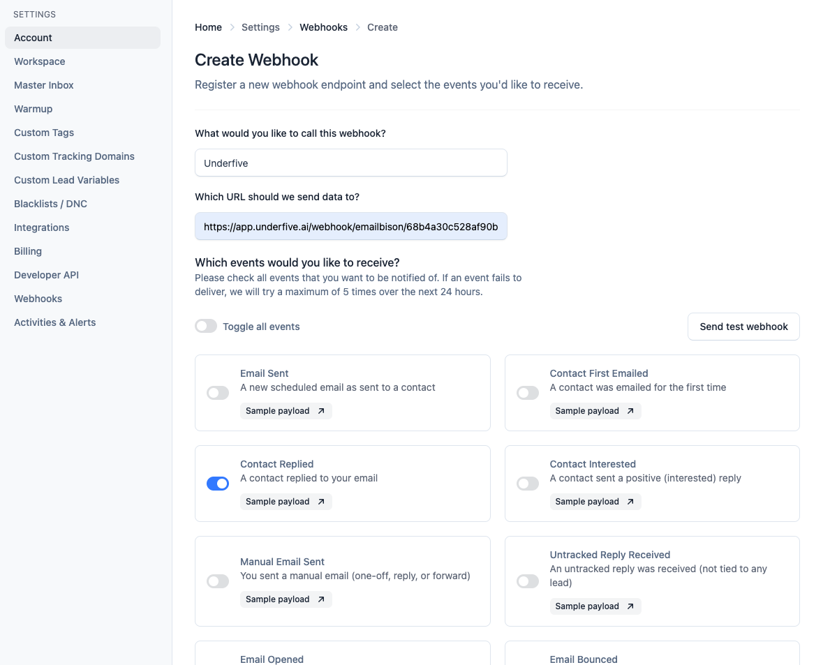 Email Bison Webhook Configuration