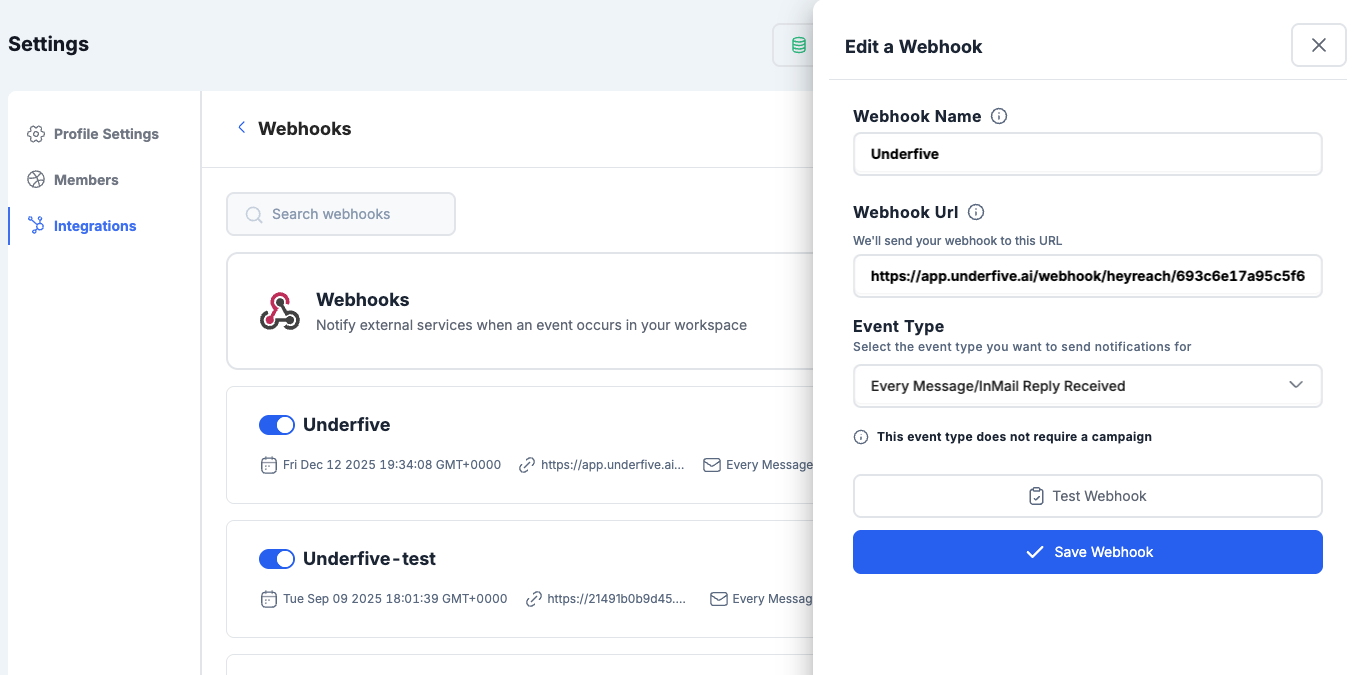 HeyReach Webhook Configuration