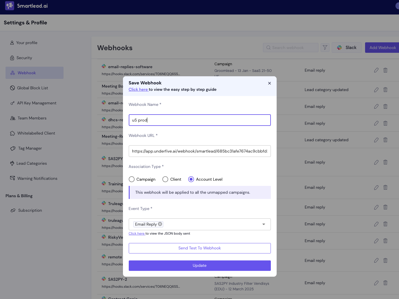Smartlead Webhook Configuration