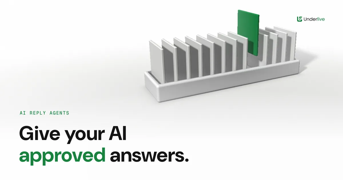 A white card-file tray with a row of upright white index cards and one green card raised above the rest, with the headline "Give your AI approved answers."